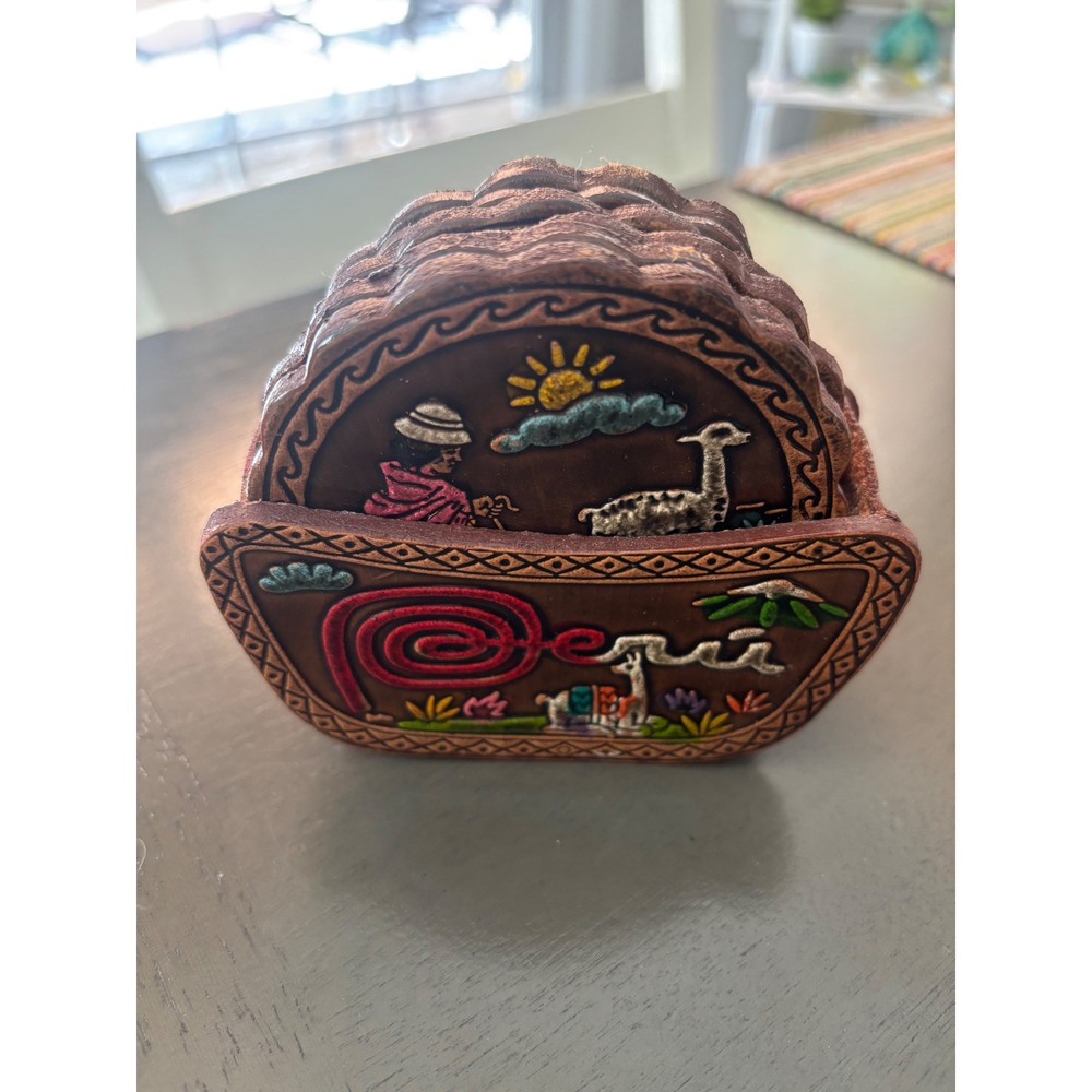 Vintage Peru Hand Painted Tooled Leather Coaster Set of 6 Machu Picchu Cusco